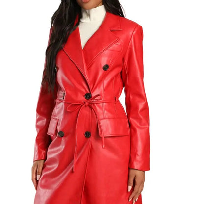 Stylish Red Leather Coat with Belt  Avanzar Leather