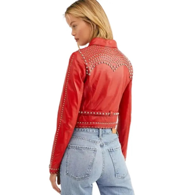 Women Studded Red Leather Jacket  Avanzar Leather