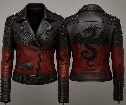 Red Black Ombre Dragon Studded Leather Biker Jacket