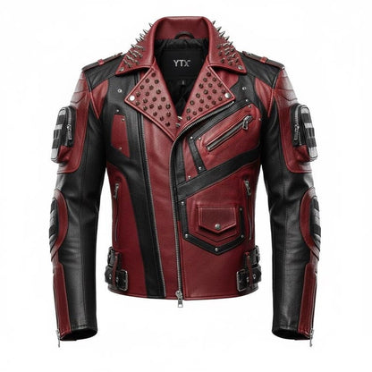 Red Black Spiked Armored Leather Biker Jacket