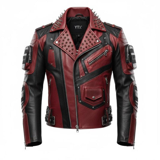 Red Black Spiked Armored Leather Biker Jacket