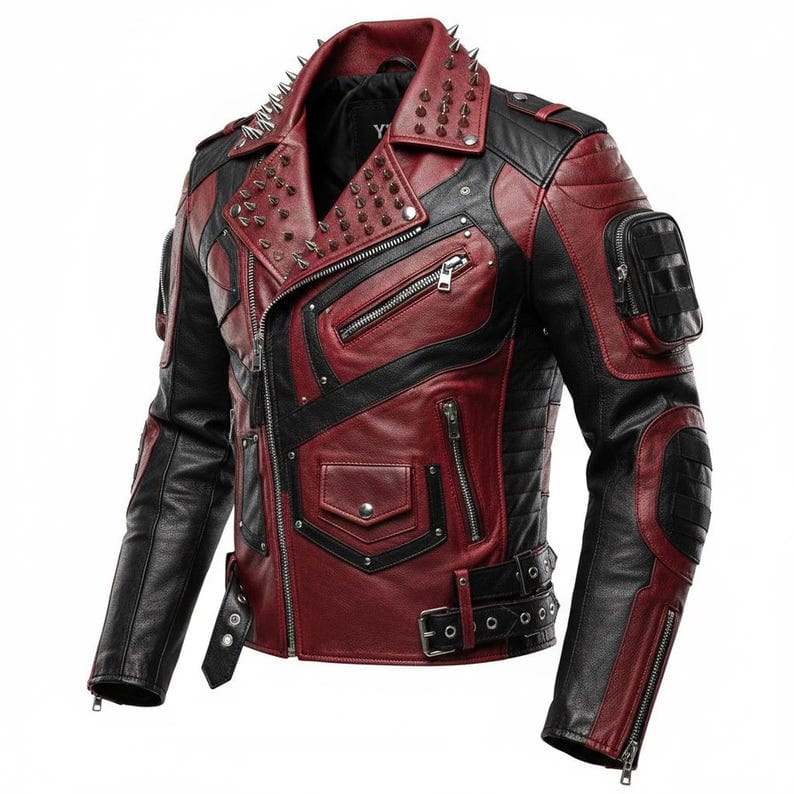 Red Black Spiked Armored Leather Biker Jacket