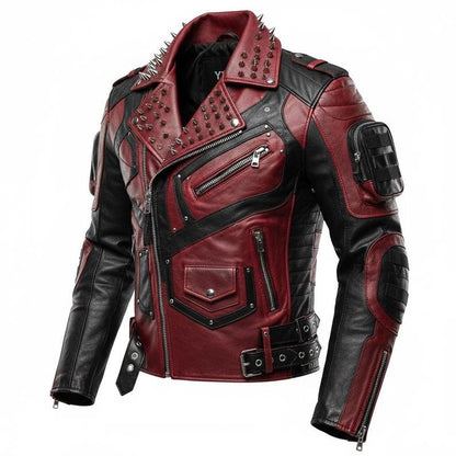Red Black Spiked Armored Leather Biker Jacket