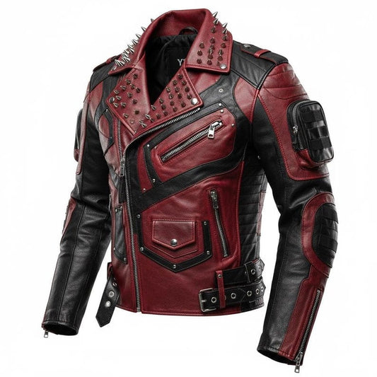 Red Black Spiked Armored Leather Biker Jacket