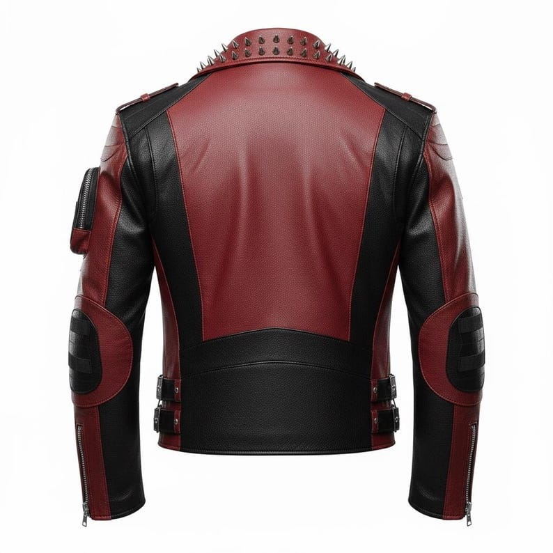 Red Black Spiked Armored Leather Biker Jacket