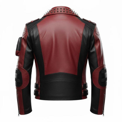 Red Black Spiked Armored Leather Biker Jacket