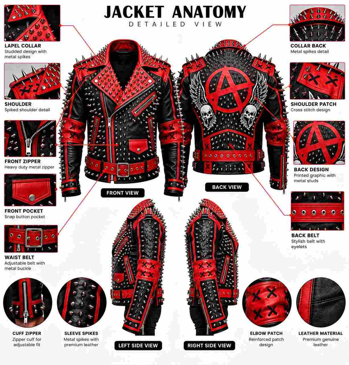 Red & Black Spiked Leather Punk Jacket with Anarchy Skull Back anatomy view by avanzar leather