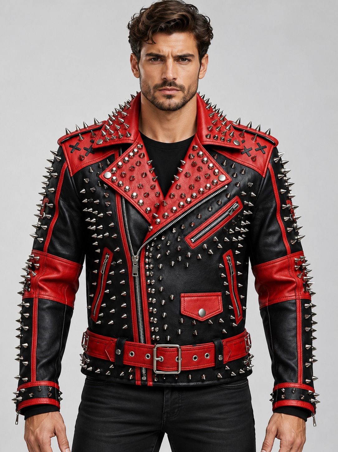 Red & Black Spiked Leather Punk Jacket with Anarchy Skull Back front view by avanzar leather