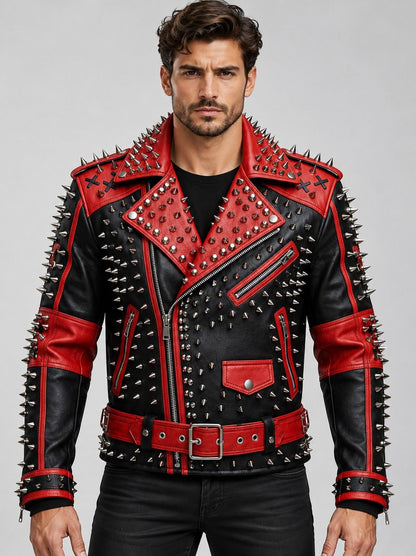 Red & Black Spiked Leather Punk Jacket with Anarchy Skull Back front view by avanzar leather
