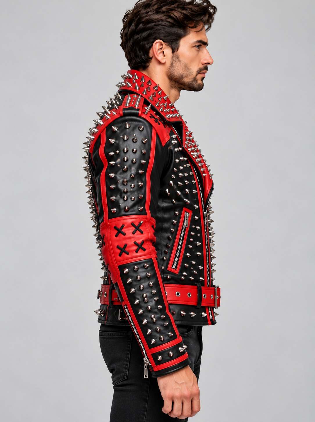 Red & Black Spiked Leather Punk Jacket with Anarchy Skull Back sid view by avanzar leather