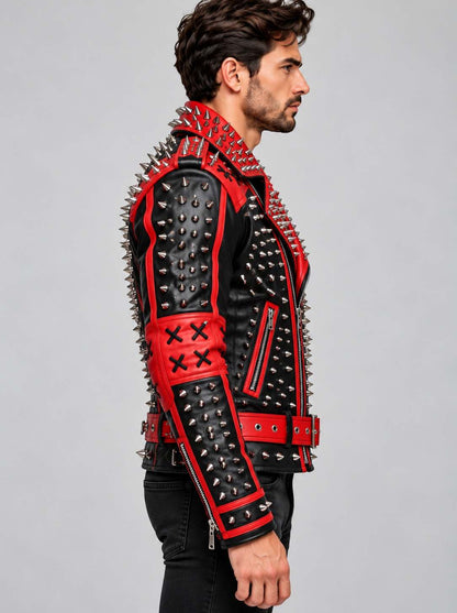 Red & Black Spiked Leather Punk Jacket with Anarchy Skull Back sid view by avanzar leather