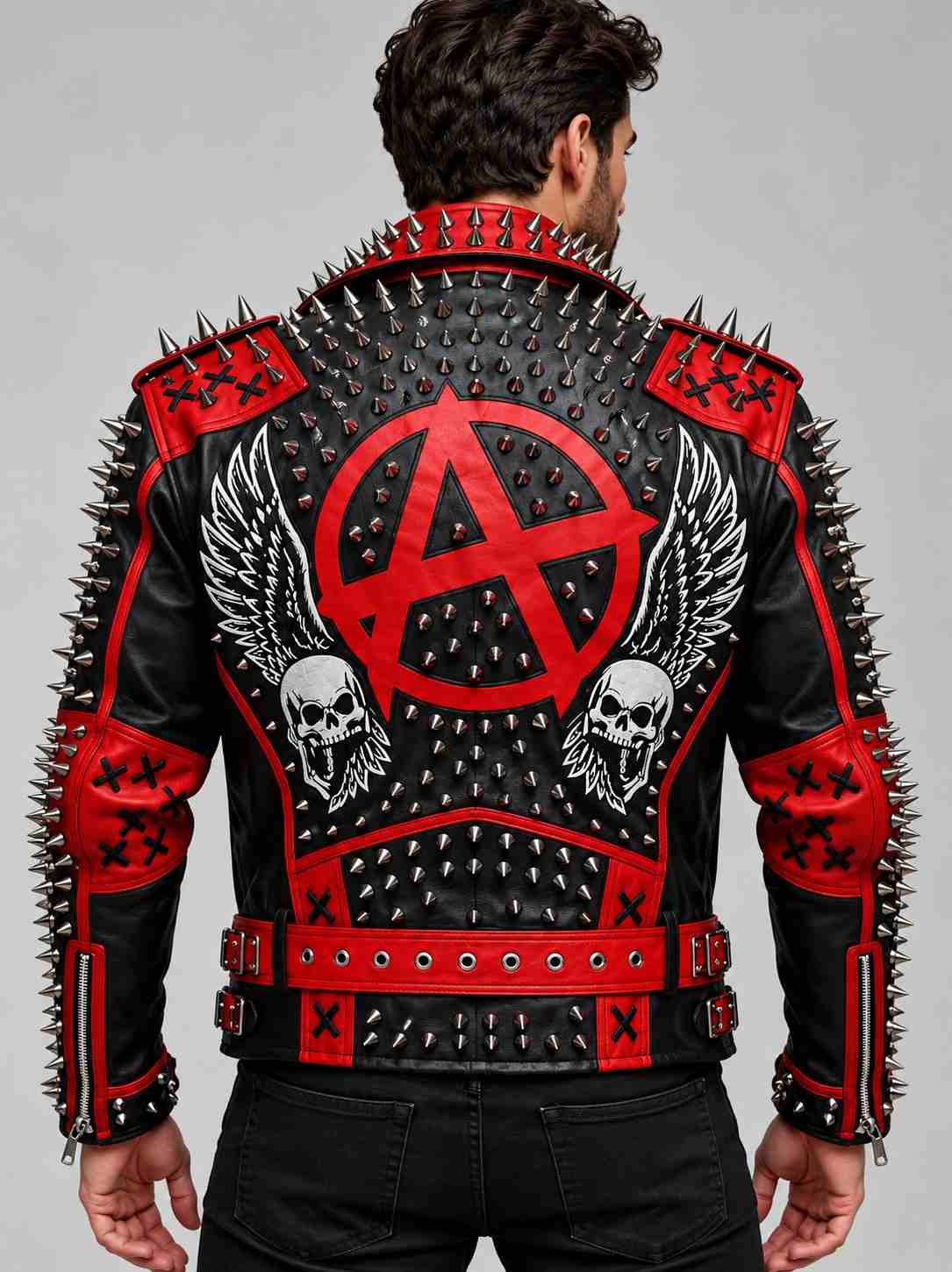 Red & Black Spiked Leather Punk Jacket with Anarchy Skull Back view by avanzar leather