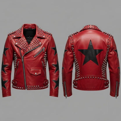 Red Black Star Studded Leather Biker Jacket