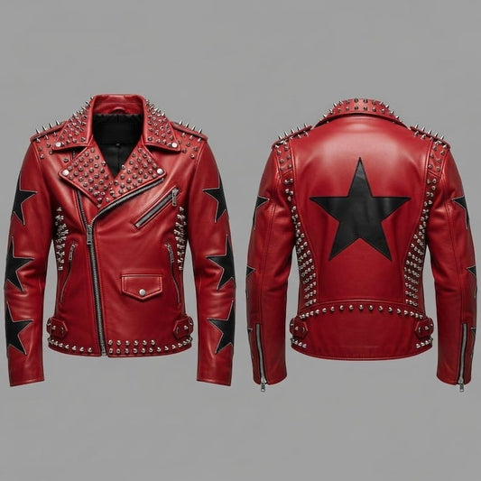 Red Black Star Studded Leather Biker Jacket
