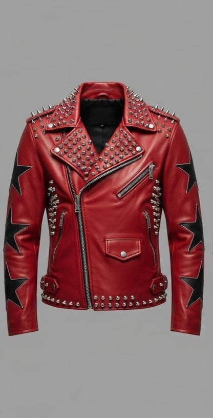 Red Black Star Studded Leather Biker Jacket