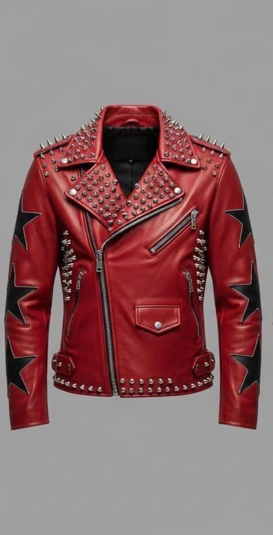 Red Black Star Studded Leather Biker Jacket