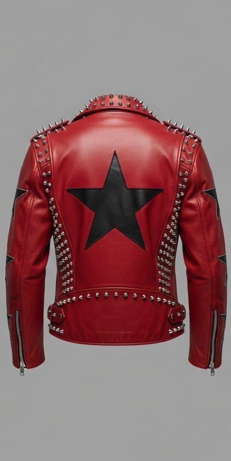 Red Black Star Studded Leather Biker Jacket
