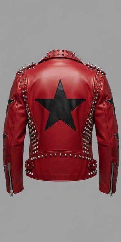 Red Black Star Studded Leather Biker Jacket