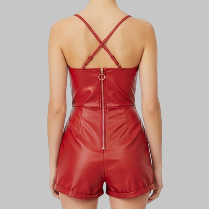 Red Lambskin Leather Romper Women Genuine Leather Short Jumpsuit