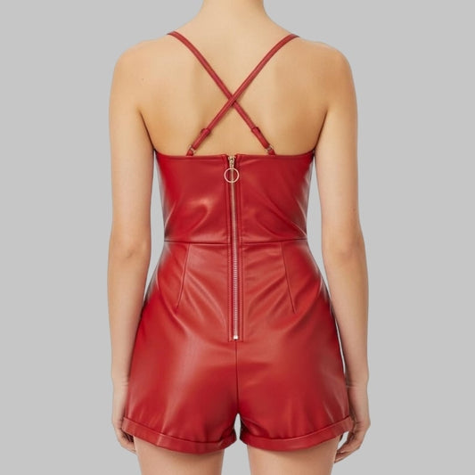 Red Lambskin Leather Romper Women Genuine Leather Short Jumpsuit