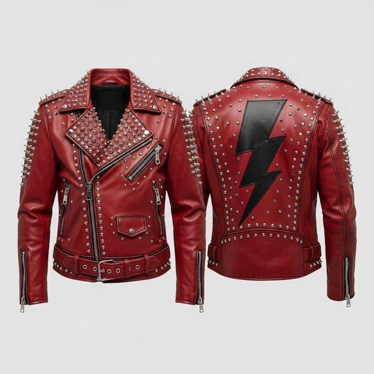 Red Studded Lightning Bolt Leather Biker Jacket