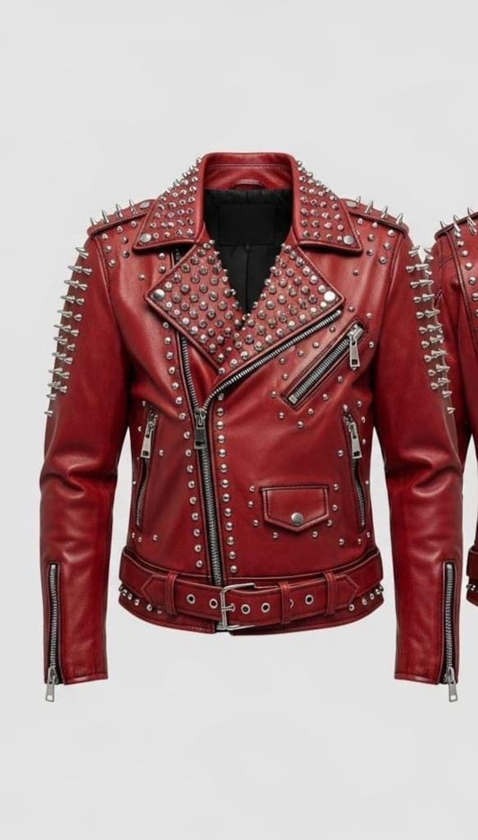 Red Studded Lightning Bolt Leather Biker Jacket