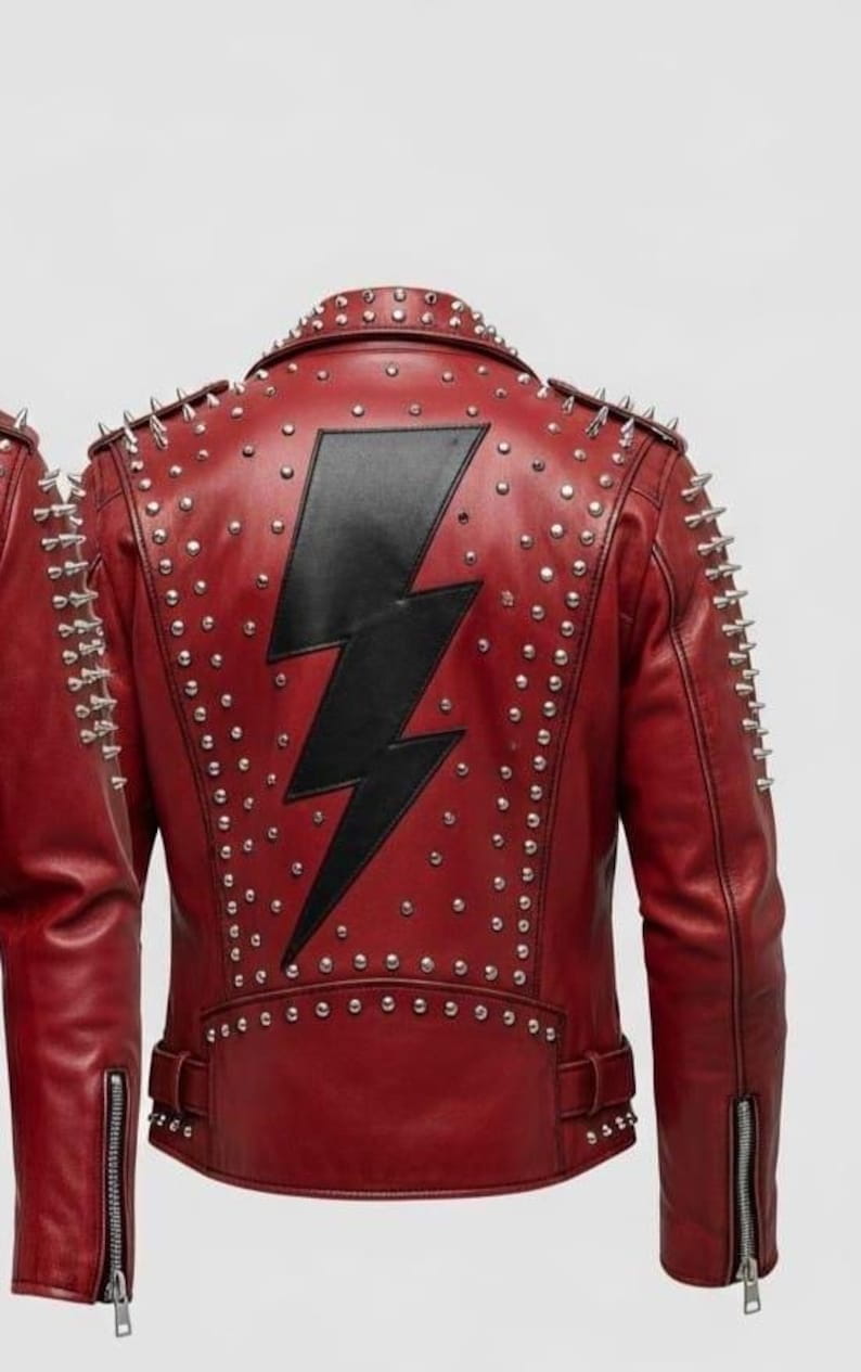 Red Studded Lightning Bolt Leather Biker Jacket