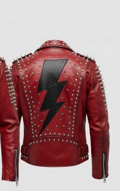 Red Studded Lightning Bolt Leather Biker Jacket
