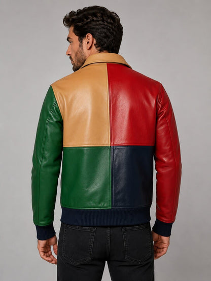 Redefine Everyday Style With A Men Colorblock Leather Bomber Jacket back view by avanzar leather