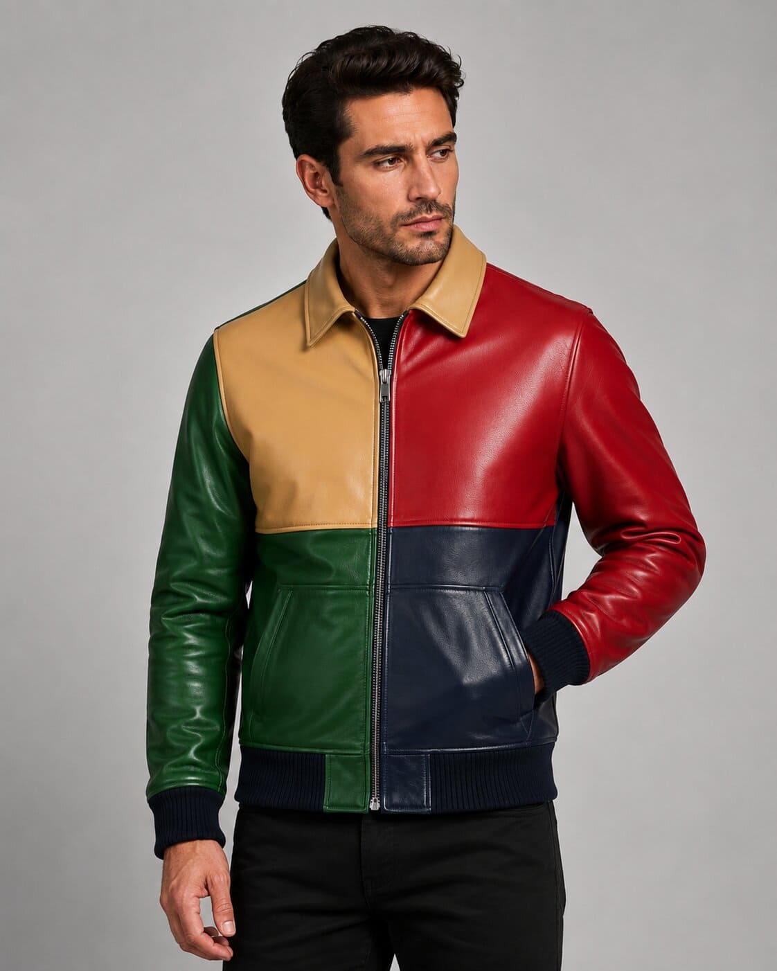 Redefine Everyday Style With A Men Colorblock Leather Bomber Jacket front view by avanzar leather