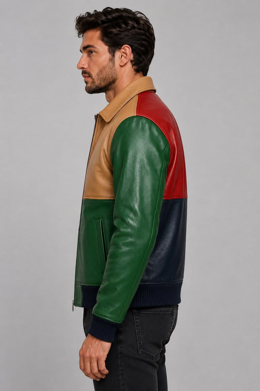 Redefine Everyday Style With A Men Colorblock Leather Bomber Jacket sid view by avanzar leather