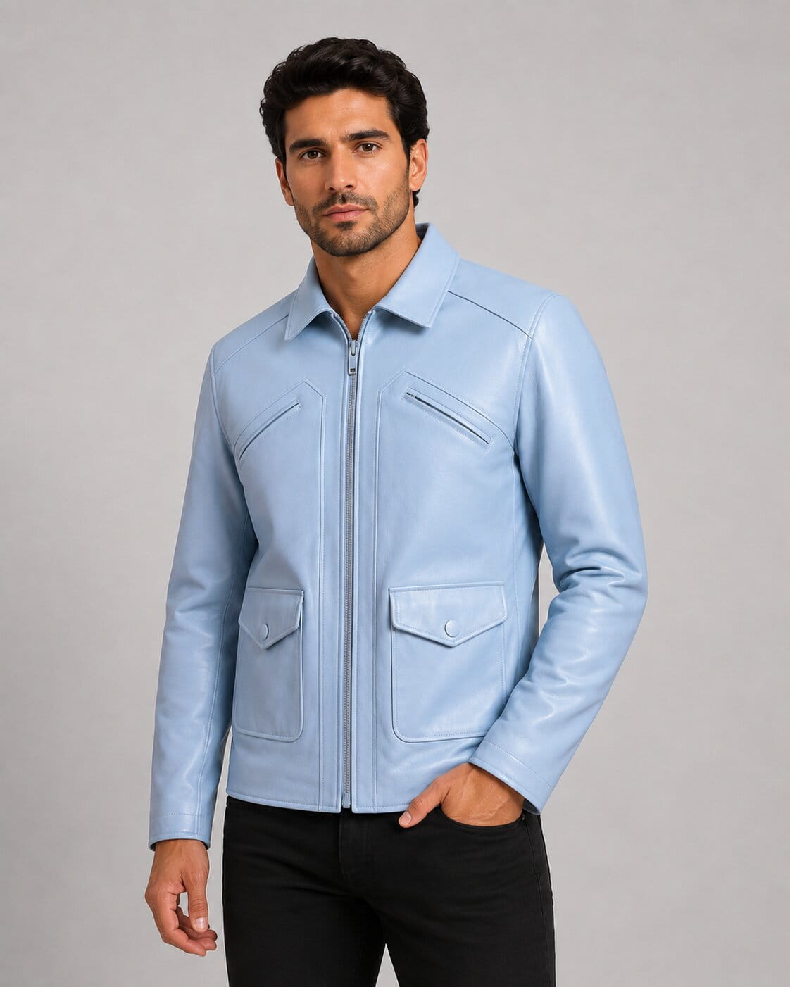Refresh Your Style With A Men Light Blue Leather Moto Jacket front view by avanzar leather