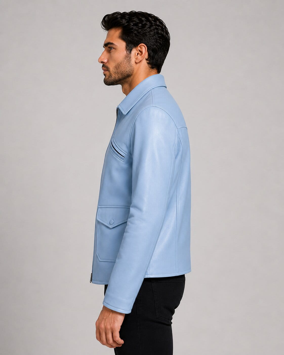 Refresh Your Style With A Men Light Blue Leather Moto Jacket sid view by avanzar leather