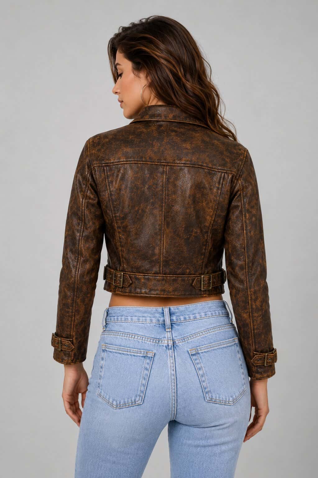 Refresh Your Wardrobe With A Women Brown Cropped Leather Jacket back view by avanzar leather