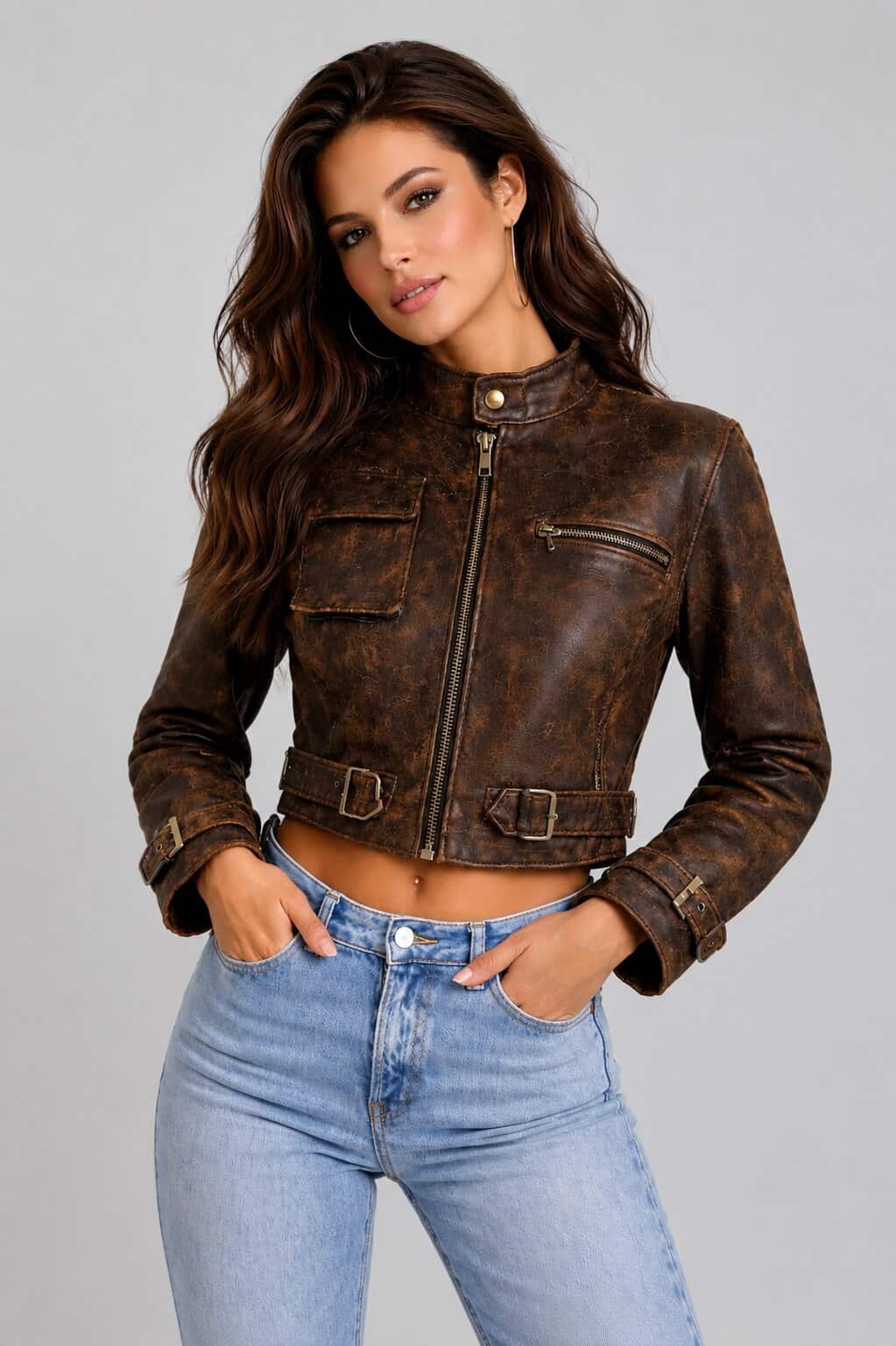 Refresh Your Wardrobe With A Women Brown Cropped Leather Jacket front view by avanzar leather