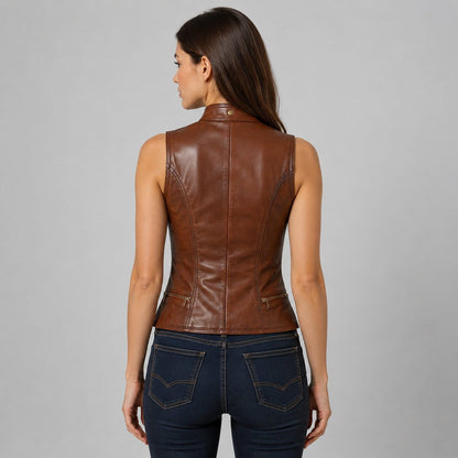 Ride In Confidence With A Women Brown Leather Biker Vest back view by avanzar leather