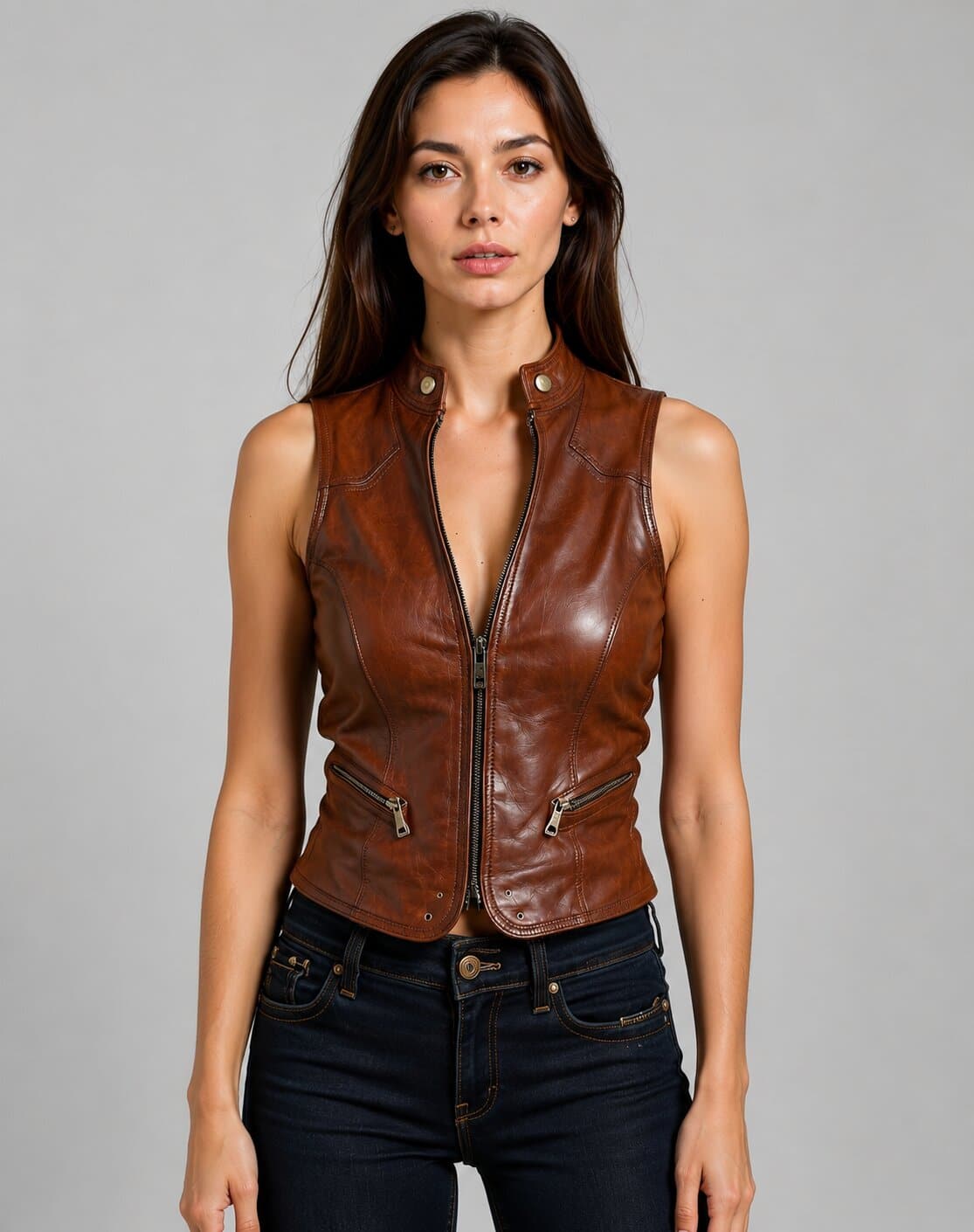 Ride In Confidence With A Women Brown Leather Biker Vest front view by avanzar leather