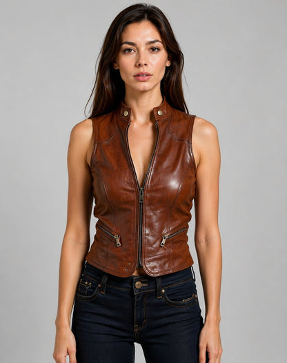Ride In Confidence With A Women Brown Leather Biker Vest front view by avanzar leather