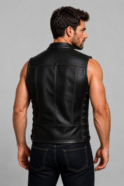 Ride With Confidence In A Men Black Leather Biker Vest back view by avanzar leather