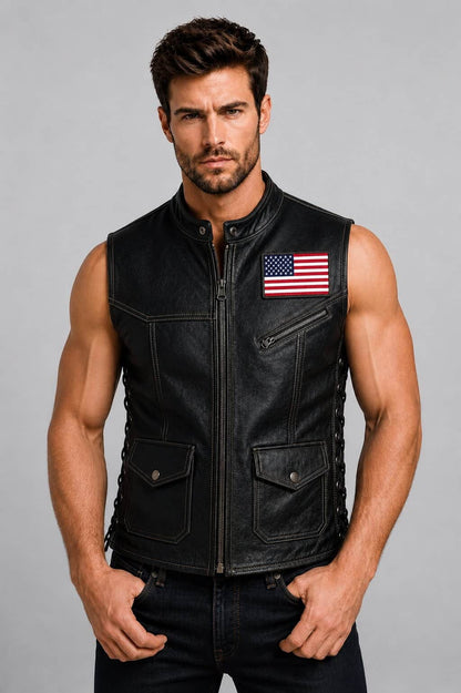 Ride With Confidence In A Men Black Leather Biker Vest front view by avanzar leather