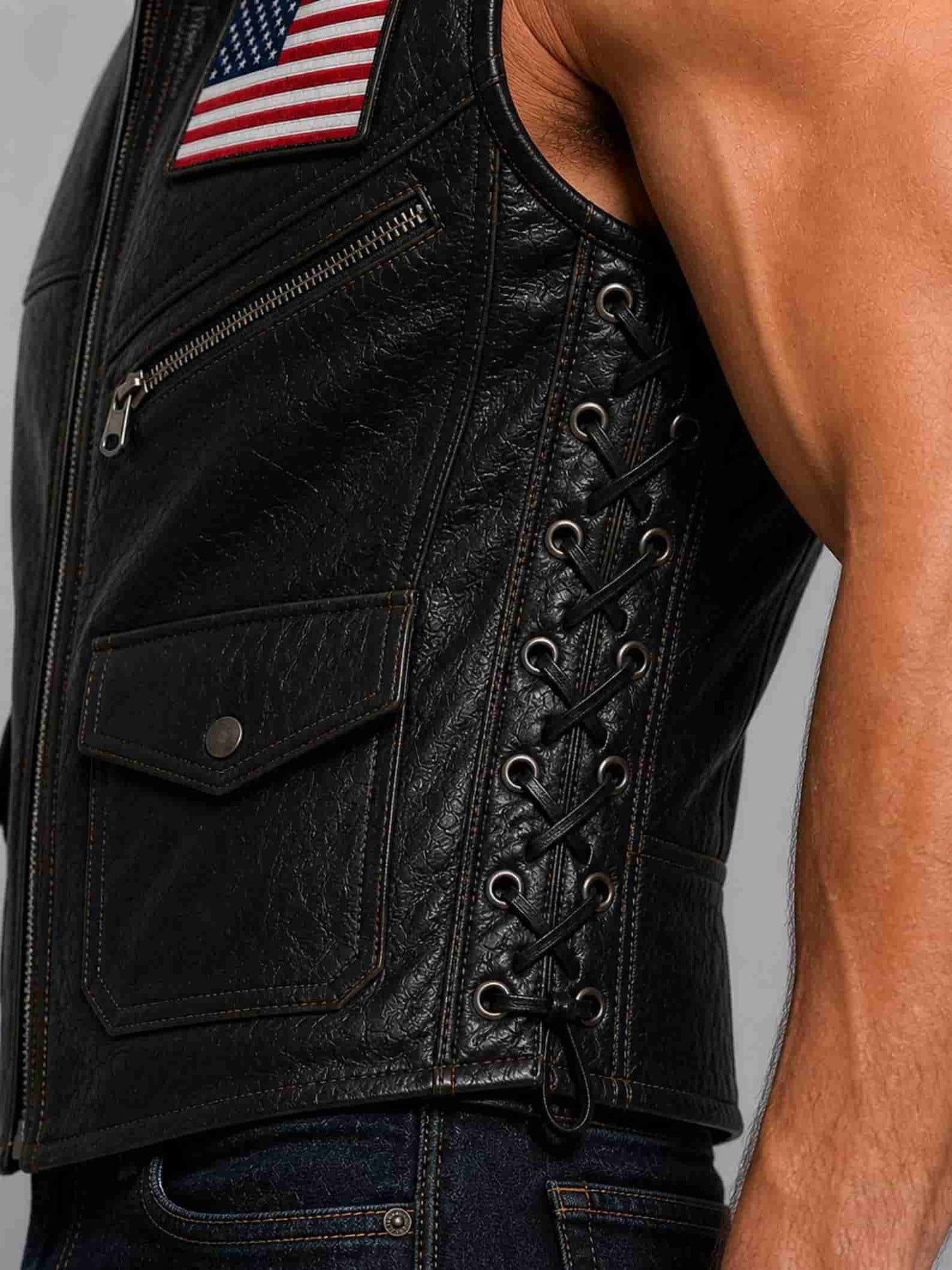 Ride With Confidence In A Men Black Leather Biker Vest sid view by avanzar leather