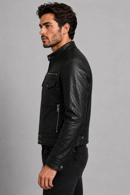 Ride With Confidence In A Men Black Leather Moto Jacket sid view by avanzar leather