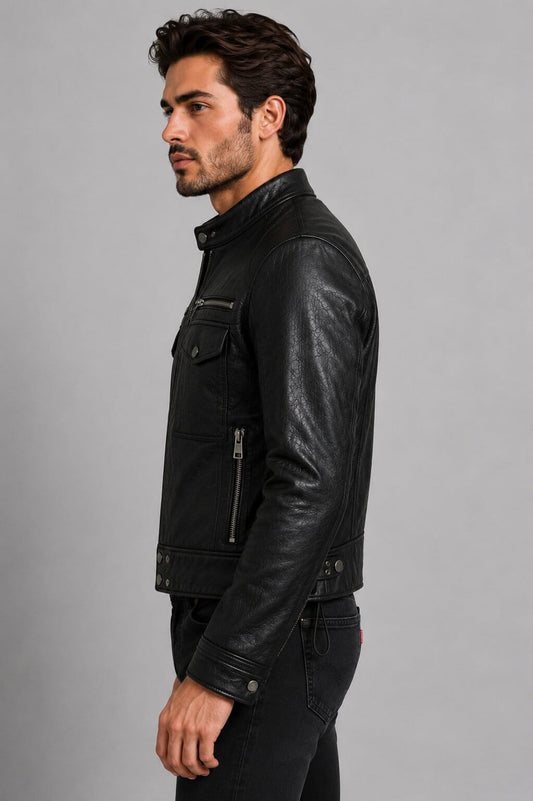 Ride With Confidence In A Men Black Leather Moto Jacket sid view by avanzar leather