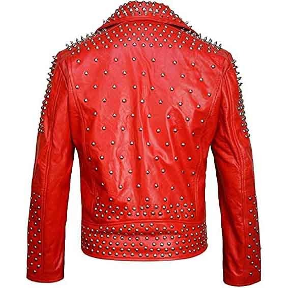 Men’s Red Spiked Punk Leather Biker Jacket by Avanzar Leather