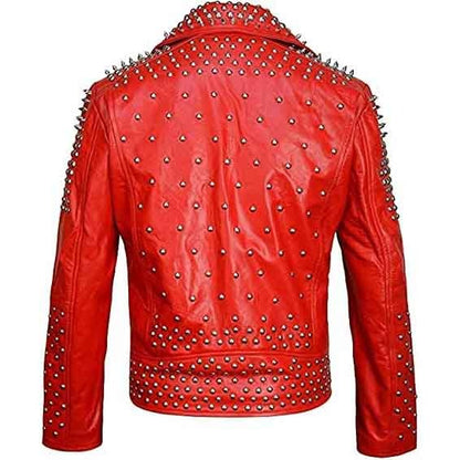 Men’s Red Spiked Punk Leather Biker Jacket by Avanzar Leather