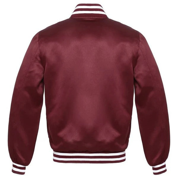 maroon satin varsity jacket, maroon white satin bomber, men’s maroon bomber jacket, women’s maroon varsity jacket, satin bomber USA, maroon glossy jacket 2025, unisex satin varsity jacket, lightweight satin bomber, Avanzar satin jackets, streetwear varsity jacket

