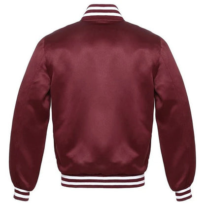 maroon satin varsity jacket, maroon white satin bomber, men’s maroon bomber jacket, women’s maroon varsity jacket, satin bomber USA, maroon glossy jacket 2025, unisex satin varsity jacket, lightweight satin bomber, Avanzar satin jackets, streetwear varsity jacket

