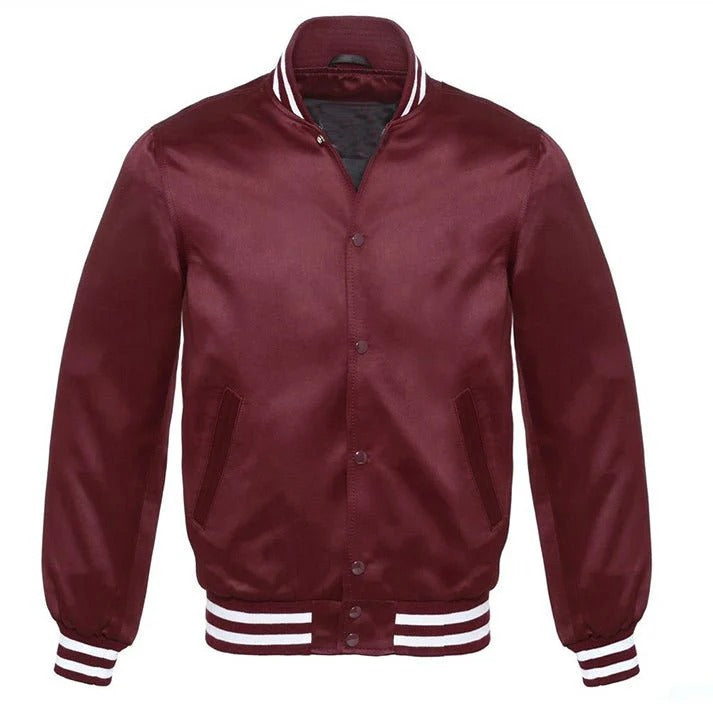 maroon satin varsity jacket, maroon white satin bomber, men’s maroon bomber jacket, women’s maroon varsity jacket, satin bomber USA, maroon glossy jacket 2025, unisex satin varsity jacket, lightweight satin bomber, Avanzar satin jackets, streetwear varsity jacket

