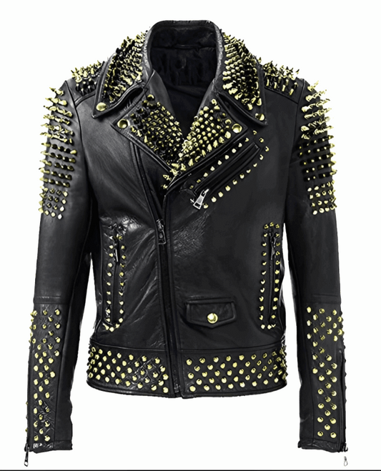 Men's Black Studded Biker Leather Jacket by Avanzar