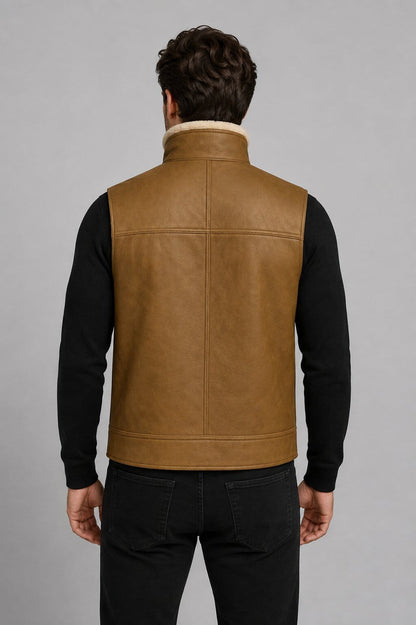 Shearling Vest Men Brown Sheepskin Leather Real Fur Gilet - Rugged Style back view by avanzar leather
